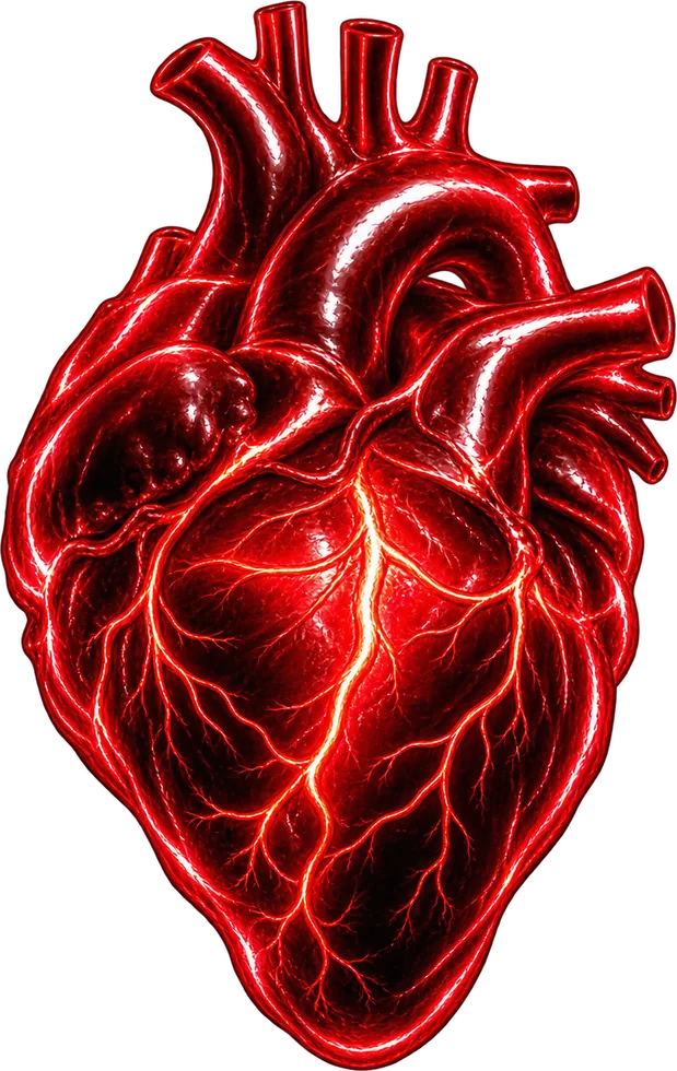 Corazón anatómico cromado en rojo.